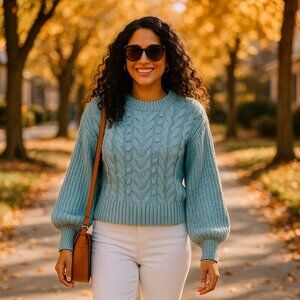 New Evolution by Cyrus Blue Cable Knit Sweater Soft Chunky Pullover SZ M